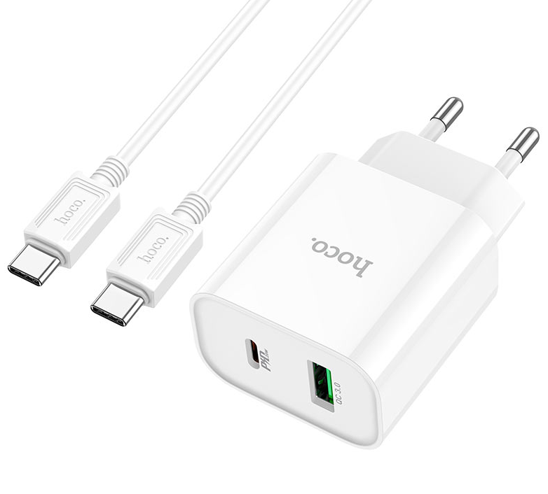 Блок питания (сетевой адаптер) HOCO C80A Plus с кабелем Type-C-Type-C, QC3.0, 20W, белый